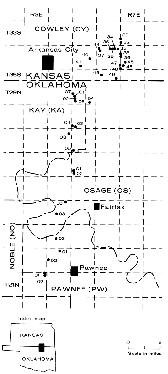 Localities in Oklahoma (west of Pawnee and Fairfax) and in Kansas (east of Ark City.