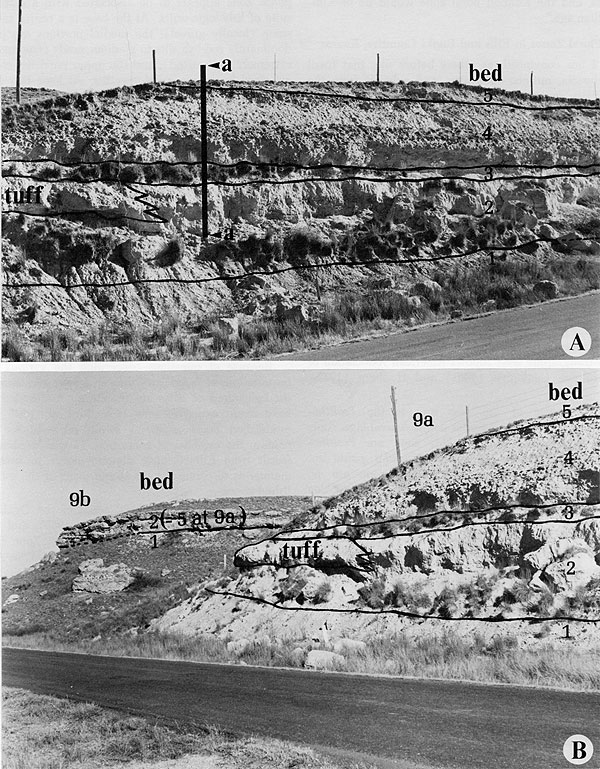 Two black and white photos of roadcuts; horizons labeled.