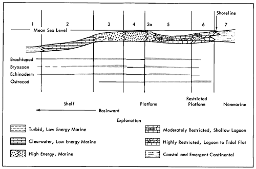 Brachiopods, Bryozoans, and Echinoderms in Clearwater--low-energy marine, High energy--marine, and Moderately restricted--shallow lagoon. Ostracods in Moderately restricted--shallow lagoon and Highly-restricted-lagoon to tidal flat zones.