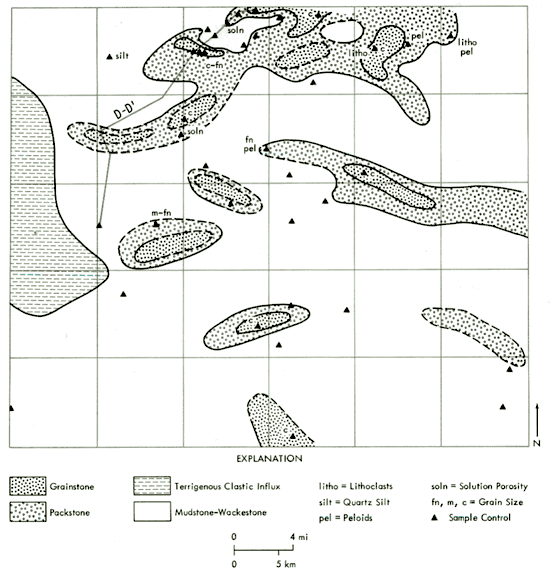 Terrigenous Clastic inflow in west central; Grainstone within Packstone in east-west bands in north and central, small areas in south; Mudstone-Wackestone in other sections.