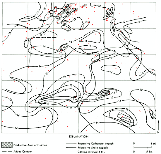 Productive area is in north-central zone; carbonate thickens in east-west trend in southern half.