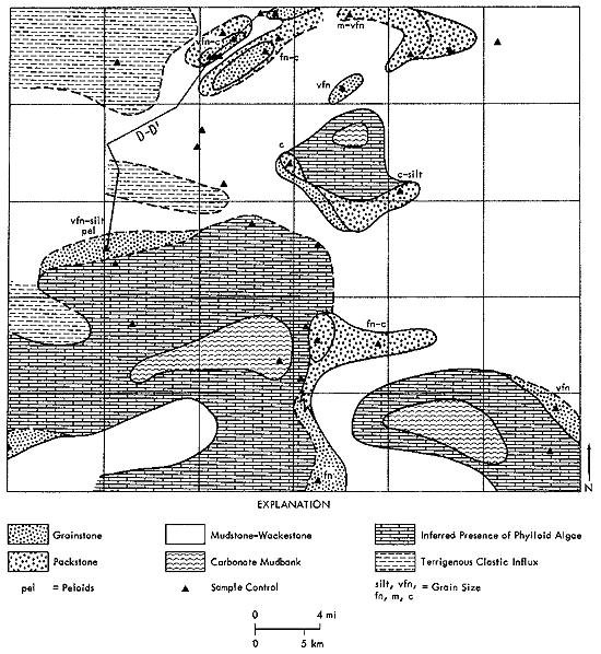 Largest area (southwest quarter and some in southeast and north-central) made of phylloid algae facie; productive area labeled as packstone and grainstone.