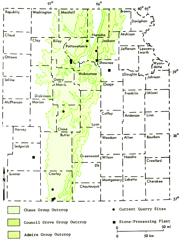 Outcrops run from Cowley and Chautauqua counties in the south to Washington, Marshall, Nemaha, and Brown counties in the north.