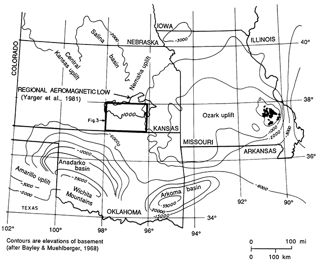 Regional map showing basement contours.