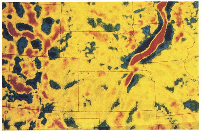 Gravity map of Kansas, Colorado, Nebraska, Missouri, and Iowa.
