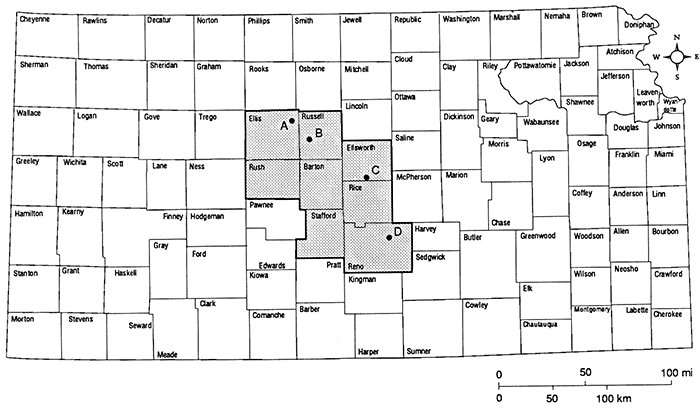 Sinkholes studied are in central Kansas: Ellis, Russell, Ellsworth, and Reno.