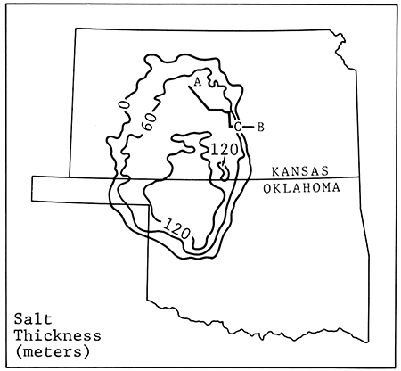 Hutchinson Salt at thick as 120 feet in southern Kansas and northern Oklahoma; around 60 feet thick in area of figure 3.