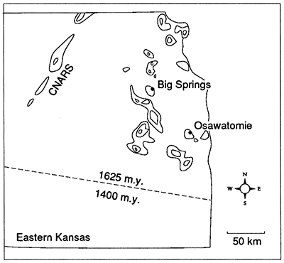 Map of eastern Kansas highlighting main aeromagnetic positives, the CNARS, and drill sites.