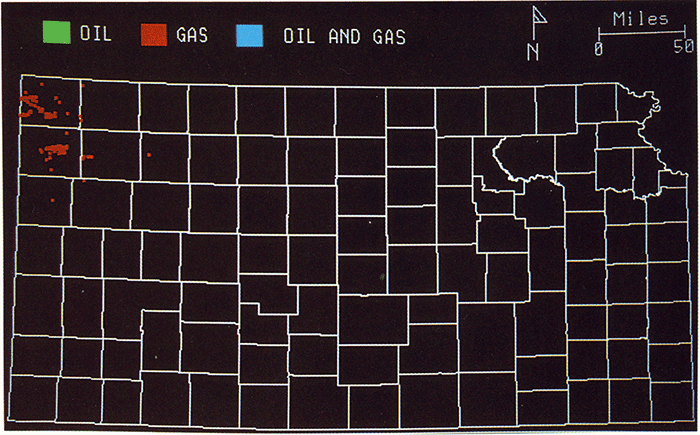 Wells producing from Mesozoic zones; gas wells in red, oil wells in green, and wells that produce both are in blue; gas wells in far northwest counties.