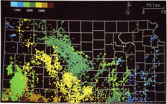 Depth to deepest pay represented by coloring the wells of Kansas based on that depth; shallow in blues (primarily east) to reds for deeper units (central and SW).