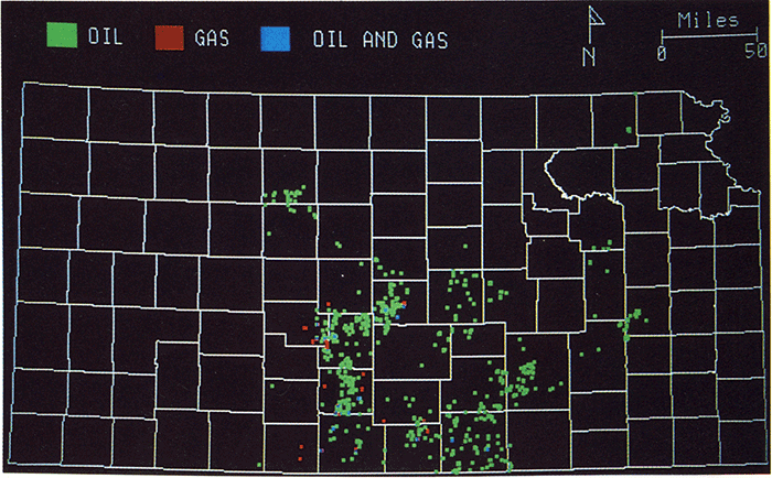 Wells producing from Simpson zones; gas wells in red, oil wells in green, and wells that produce both are in blue; mostly oil wells in south-central counties.