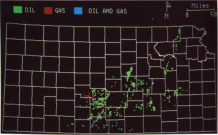 Wells producing from Viola and Maquoketa zones; gas wells in red, oil wells in green, and wells that produce both are in blue; mostly oil wells scattered from south-central to NE Kansas; gas on western edge of pattern.