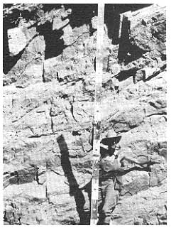 Moore holding surveying rod against 11-12 foot outcrop