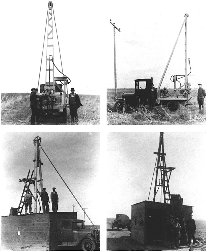 Four black and white photos of core-drilling machine, assembled by Tom Allan for Midwest Exploration Company, 1924.