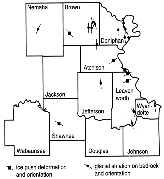 Map of northeastern Kansas showing where ice-push deformation of bedrock of glacial striations on bedrock have been observed below glacial till.