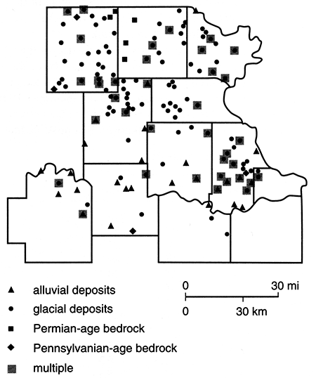 Locations and designations of water-producing wells sampled in spring 1981.