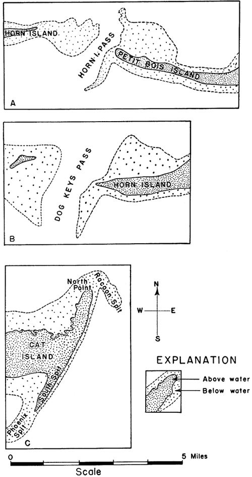 Diagrams showing sand spits above and below water level in Gulf of Mexico.