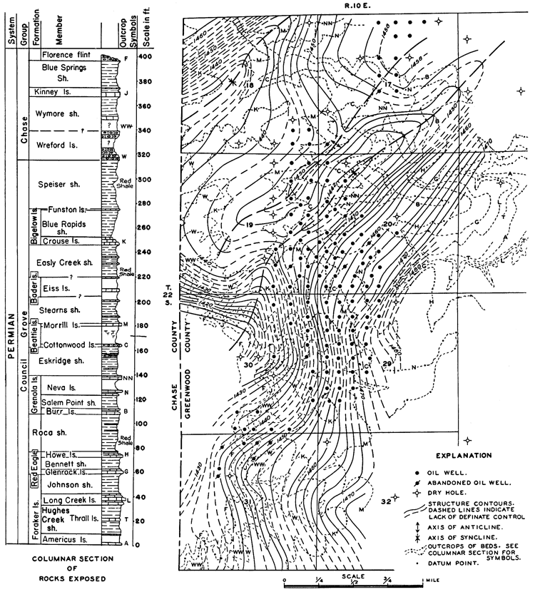 Contour map of Browning oil field, structure of Morrill Ls; also has chart of rocks exposed in Council Grove and Chase groups.