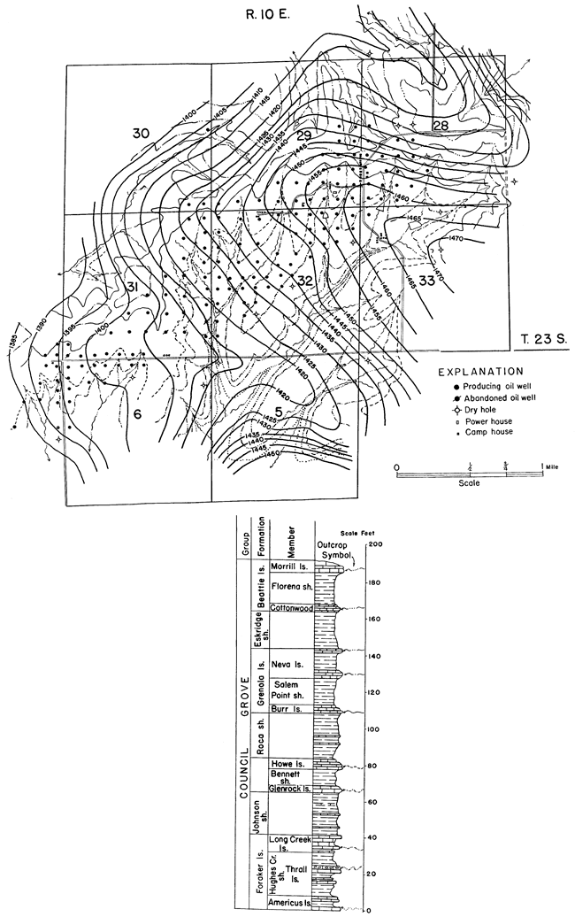 Contour map of Thrall oil field, structure of Neva Ls; also has chart of rocks exposed in Council Grove Group.