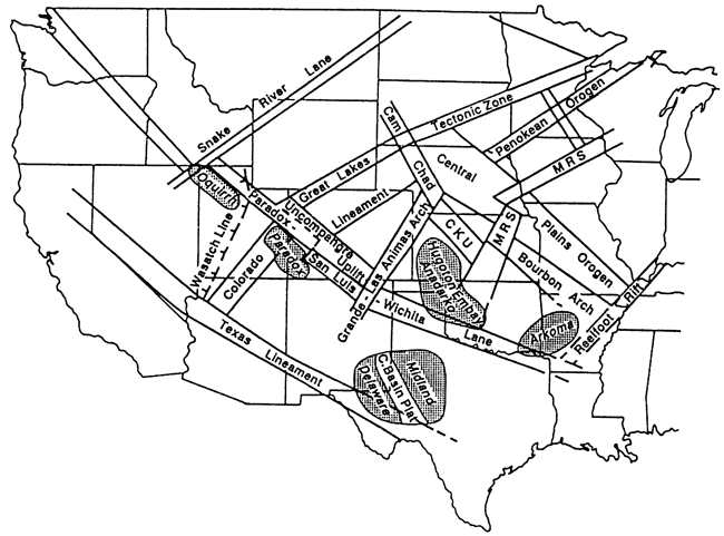 Paradox basin along boundary between Utah and Colorado; at intersection of Colorado, Paradox, San Luis-Wichita, Uncompahgre lineaments.
