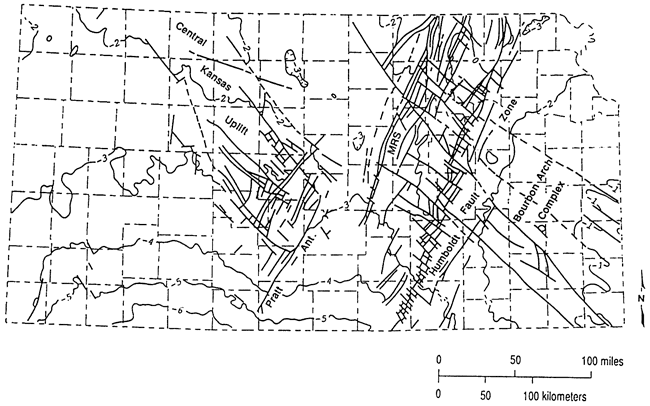 Map of Kansas showing structures on the Precambrian basement.