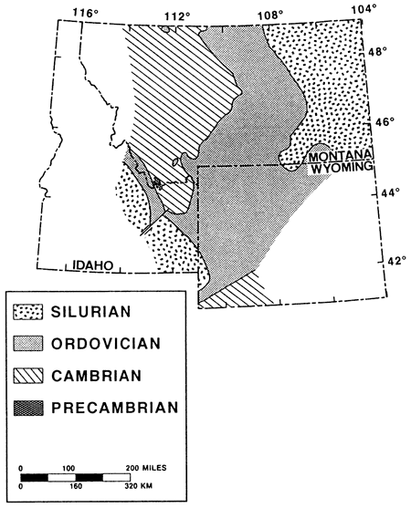 Precambrian in NW Wyoming and center third of Montana; Silurian in eastern third of Montana and Cambrian in west; Silurian and Precambrian in Idaha-Wyoming region.
