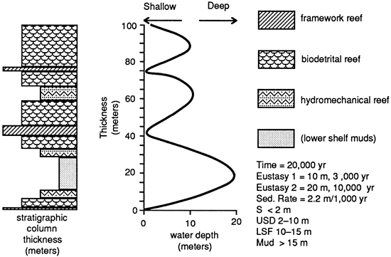 Water depth, stratigraphic colum, and reef types; types are framework reef, biodetridal reef, hydromechanical reef, and lower shelf muds.