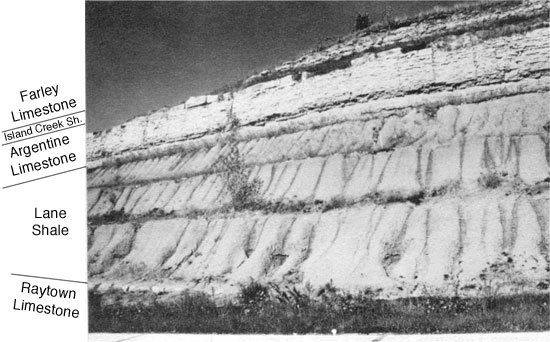Black and white photo of Farley Ls, Island Creek Sh, Argentine Ls, Lane Sh, and Raytown Ls.