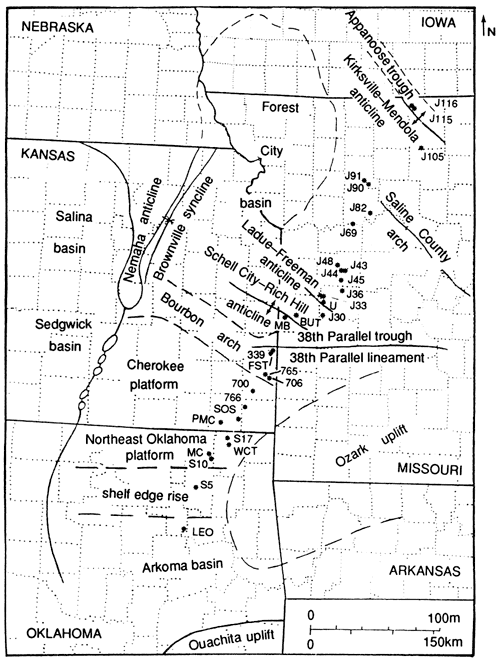 Map of central Midcontinent with samples taken from NE Okahoma to north-central Missouri.
