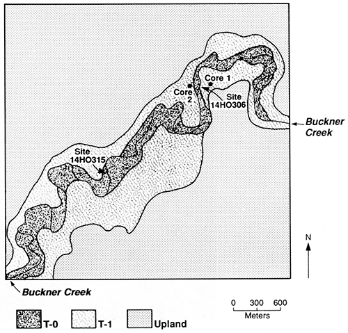 Landform map of locality BC-1 showing locations of sites 14HO306 and 14HO315.