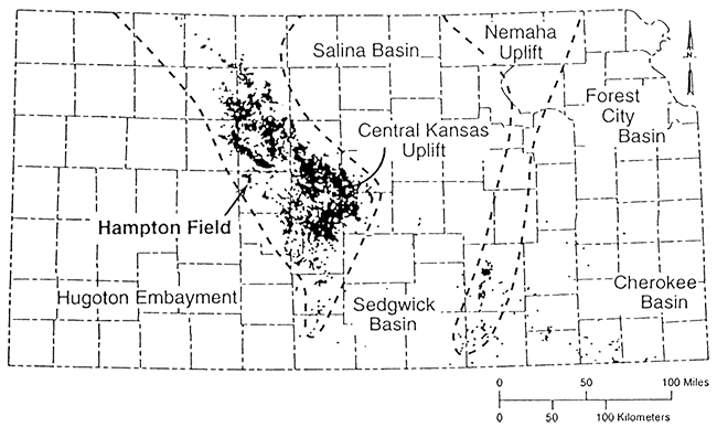Map showing distribution of wells producing from the Arbuckle group in Kansas in relation to the major structural features.