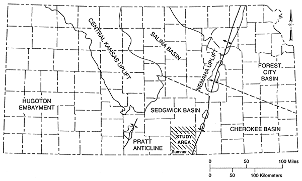 Map of Kansas showing the study area in relation to major structural features formed mainly in Late Mississippian and Early Pennsylvanian.