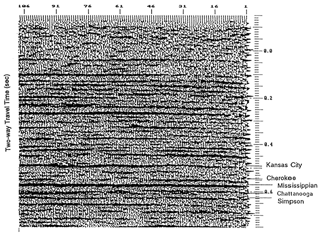 Interpreted, reverse-polarity display of the example seismic proflle across the Walta field.