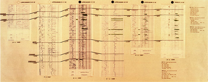 Synthetic seismogram of Lippelmann B #2-16, Lippelmann B #1-16, Lippelmann #1-16, Lippelmann #2-16, Lippelmann #3-16, and Shirley #1-9.