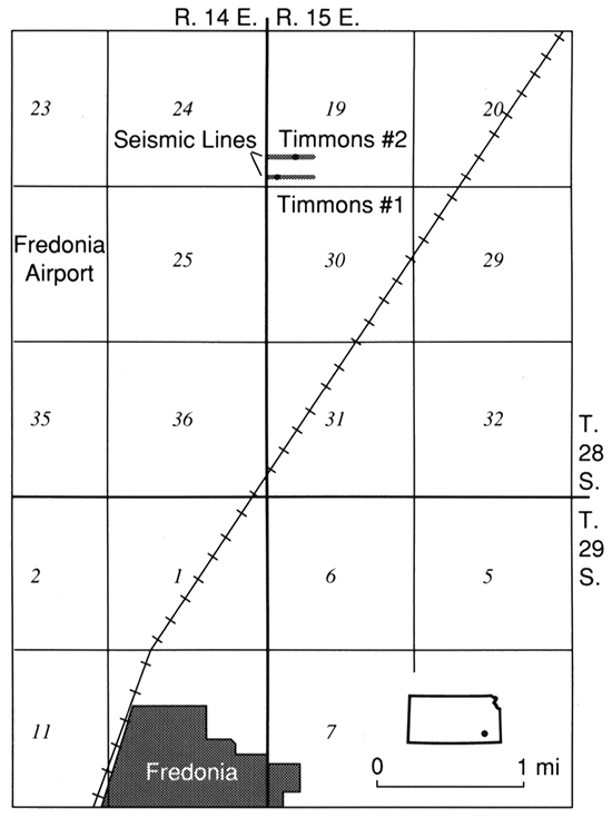 Map showing the locations of the example seismic lines and Timmons #1 and Timmons #2 wells.