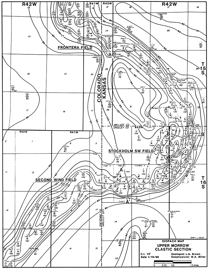 Isopach map, upper Morrow section.