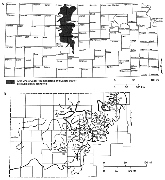 Two maps of Kansas showing Dakota aquifer; Cedar Hills and Dakota mix in area from Phillips-Smith counties south to Rush, Barton, and Stafford.