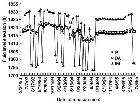 Water levels from 1993 to 1995 for Permian, deep-aquifer, and water-table monitoring wells.