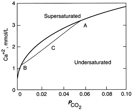 Chart shows calcite saturation when two waters are mixing.