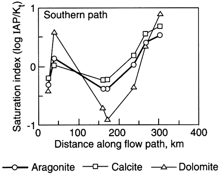 Aragonite, Calcite, and Dolomite saturations along flowpath