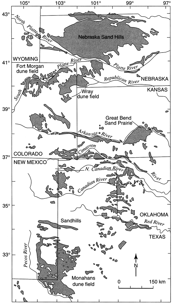 Distribution of dune fields and sand sheets in the central Great Plains.