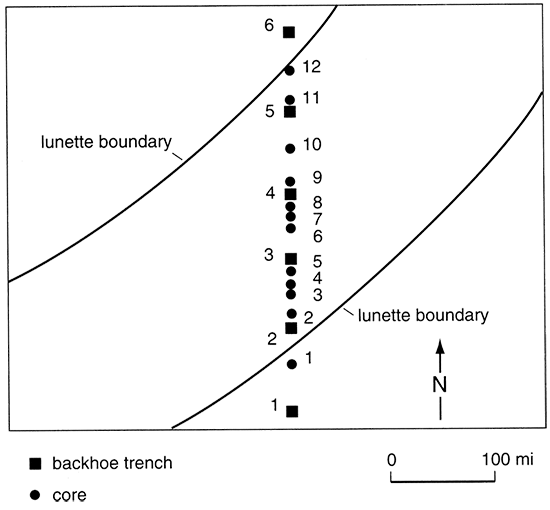 Position of backhoe trenches and cores extracted from Wilson Ridge.