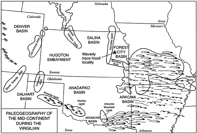 Waverly trace-fossil site within Forest City Basin, bounded by Bourbon arch to south, Nemaha uplift to west, adn Ozark uplift to east.