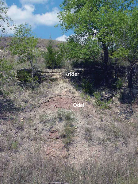 Color photo of exposure, Krider Ls Mbr of Nolans Ls above Odell Shale.