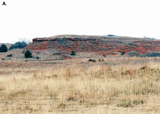Color photo of small mesa above tall grases, Salt Plain Formation.