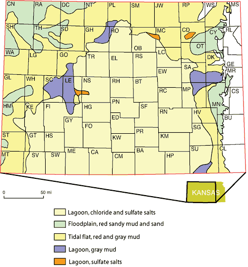Leonardian environment lagoonal in much of western Kansas, tidal flats and floodplains in far north and west, some small areas of gray mud and sulfat salt lagoons.
