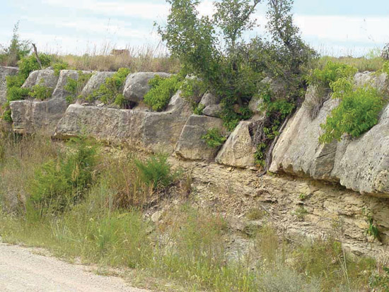 Color photo of limestone along side of road; Fort Riley Ls Mbr of Barneston Ls.