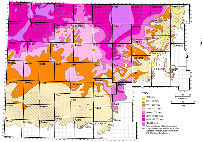 Distribution of TDS concentration in groundwaters in the Dakota aquifer.