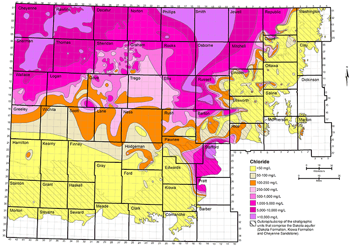 Distribution of chloride concentration in groundwaters in the Dakota aquifer.