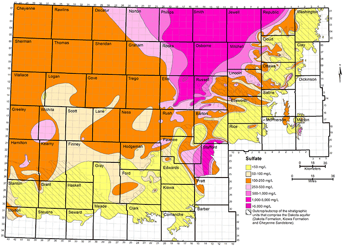 Distribution of sulfate concentration in groundwaters in the Dakota aquifer.